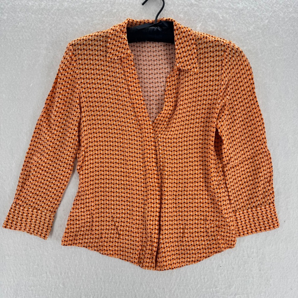 Zara - Button Down Geometric Diamond Print Blouse - Orange - XS - Womens